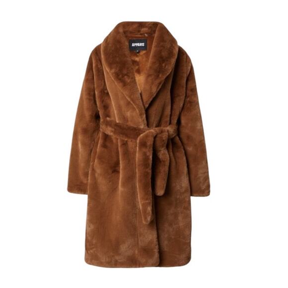 APPARIS Women's Faux Fur Vegan Belted Coat in Camel Size Large NWT